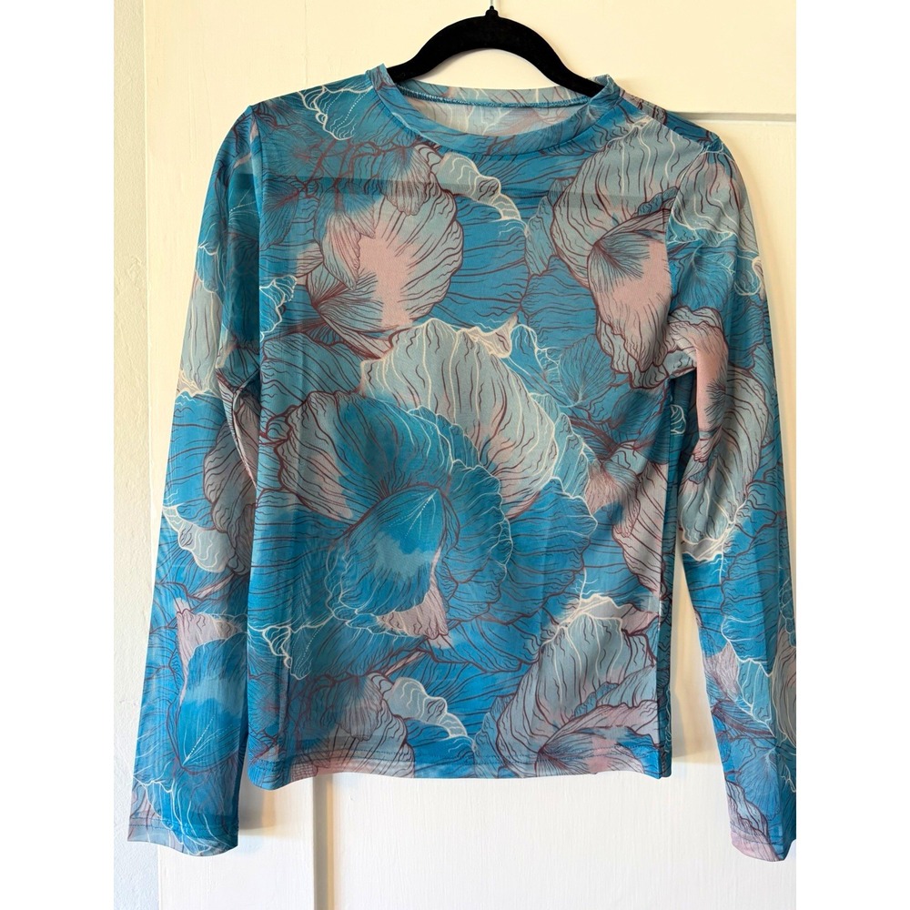 Mesh Top S Blue Teal Floral Sheer Long Sleeve